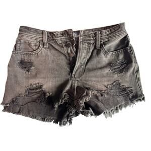 Hollister High-Rise Mom 3" Shorts Gray Denim Frayed Distressed Button Fly - W27
